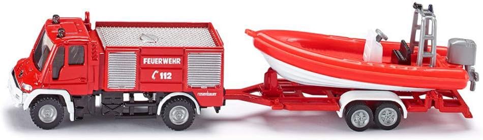 SIKU 1636, Camión de bomberos Unimog con lancha, Metal/Plástico, Rojo, Lancha flotante