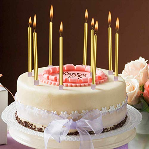 24 Count Party Long Thin Cake Candles Metallic Birthday Candles in Holders for Birthday Cakes Cupcake, Gold