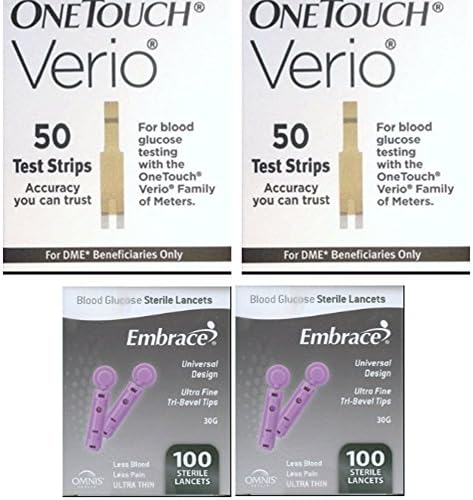 Onetouch Verio Glucose Test Strips 100ct (2 boxes of 50) plus 200 ct lancets (30g universal, brands vary)