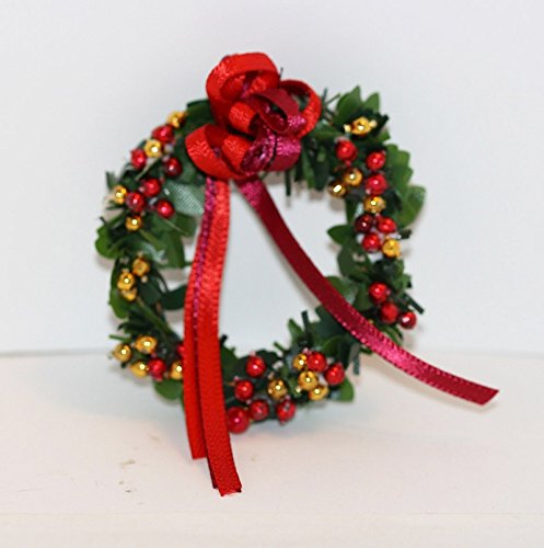 dollhouse Miniature Artisan Holiday Wreath in Red Satin with