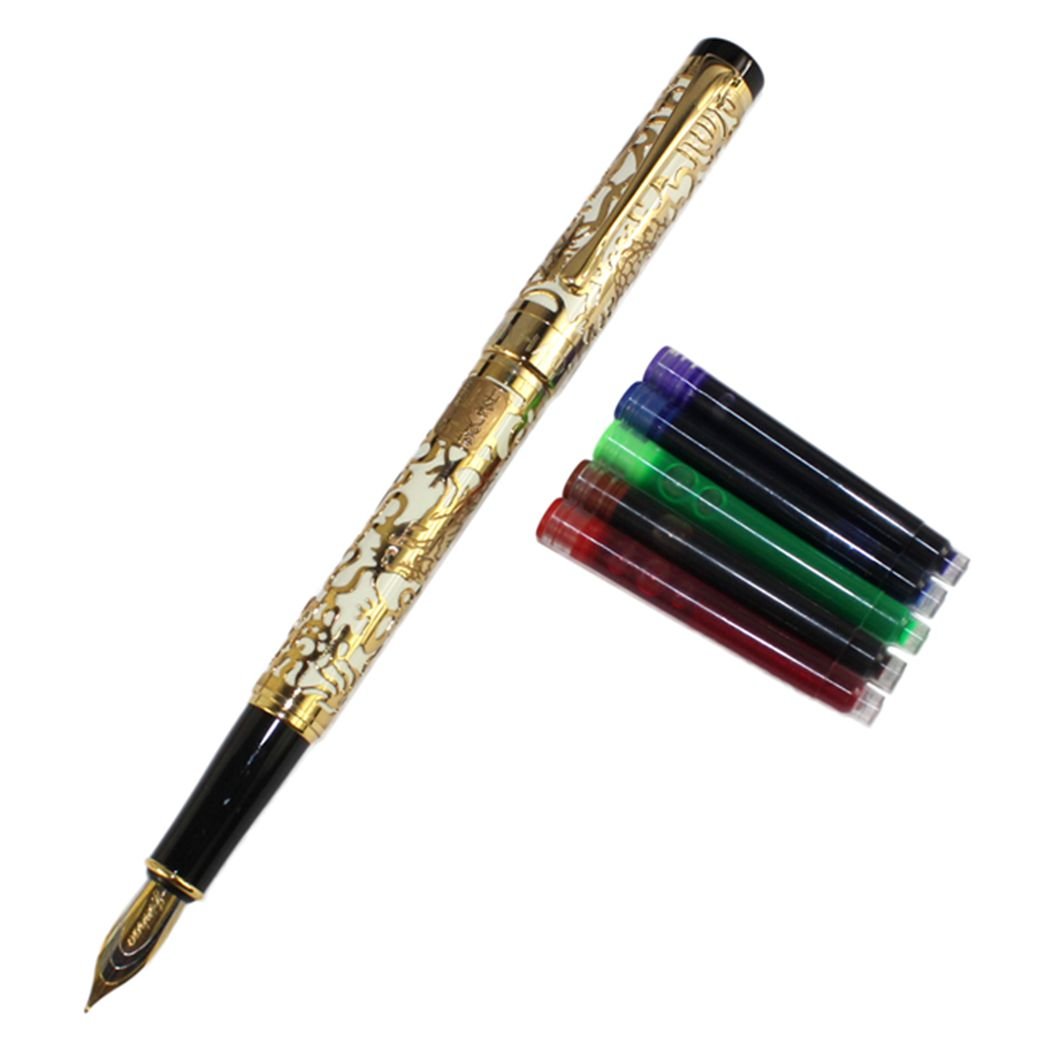 Gullor Advanced Fountain Pen Jinhao 5000 Apricot and Gold Dragon Year with Gift Box and Ink cartridges
