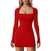 HYZ Women's Fall Casual Long Sleeve Square Neck Going Out Party Mini Tshirt Dress