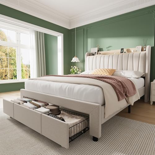 Queen Size Upholstered Bed Frame with Storage Headboard and Charging Station, Platform Bed Frame with Metal Drawers, Heavy Duty, No Box Spring Needed, Easy Assembly, Beige
