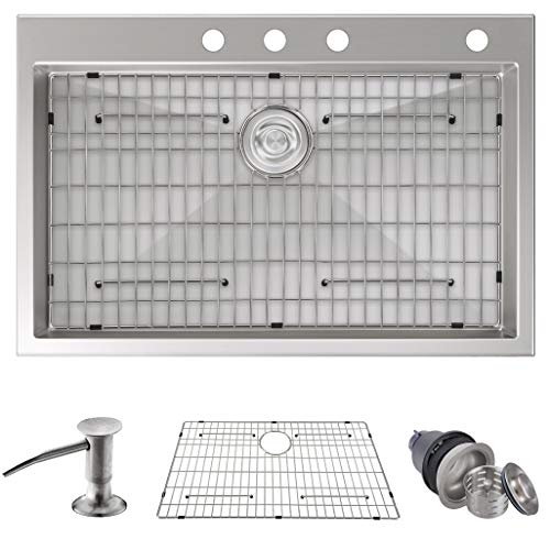 MOWA HMT3322 Pro Series Handmade 33" 16 Gauge Stainless Steel Topmount Drop-in Kitchen Sink - Upgraded Perfect Drainage, 9-Gauge Thick Rim & Deep Basin Sink w/ 3PC Basket Strainers, Sink Grid