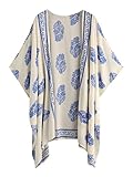 SweatyRocks Women Kimono Vintage Floral Beach Cover Up (Medium, Blue)