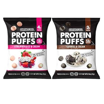 Buy Shrewd Food Low Carb Protein Puffs 8 Pack 100g Protein High Protein Gluten Free Snacks No Artificial Flavors Soy Free Peanut Free Cookies Cream Strawberries