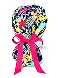 Summer Tropical Flamingo Ponytail Scrub Cap for Women with Pink Ribbon