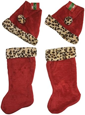 Leopard Red Plush Christmas Stocking &amp; Santa Hat with Plush Trim Set - 4 pieces