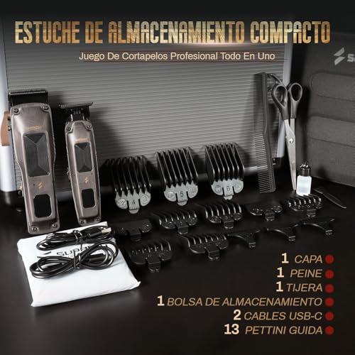 SUPRENT Cordless Man Hair Clipper, Barber Kit With High Speed Motor 7500 RPM, Adjustable Blades, Black Guide Combs And Bag, Black And Gold
