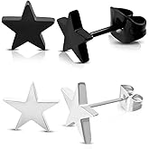 2 Pairs Silver Black Star Stud Earrings Set for Men Women Stainless Steel Star Stud Earrings Jewelry