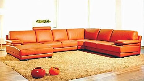 Contemporary Orange Leather Sectional 