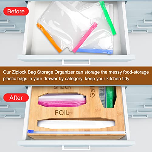 Ziplock Bag Storage Organizer Wrap Dispenser - Aluminum foil Dispenser with Cutter Labels,Bamboo Organizer, Compatible with Gallon, Quart, Sandwich and Snack Variety Size Bag