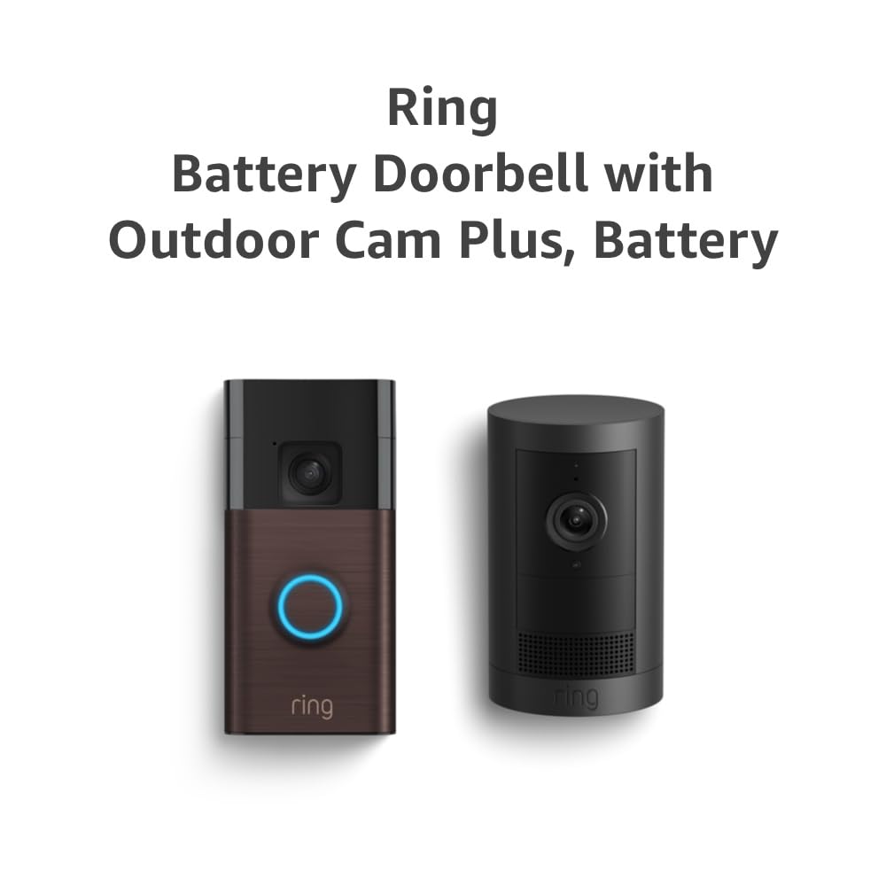 Ring Battery Doorbell, Venetian Bronze with All-new Ring Outdoor Cam Plus, Black