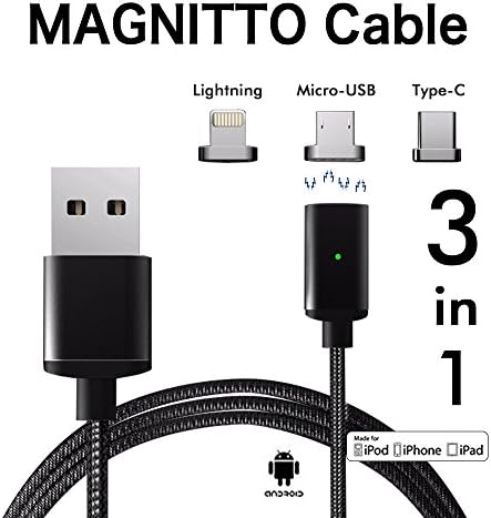 PHADEN 3 in 1 Magnetic USB Charging and Data Transmission Cable Type C Nylon Braided Sync Cord with High Speed Data Transfer for iOS Android Systems (black)