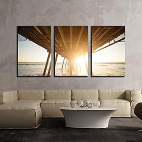 3 Piece Canvas Wall Art - Wooden Bridge at Sunset - Modern Home Art Stretched and Framed Ready to Hang - 16"x24"x3 Panels