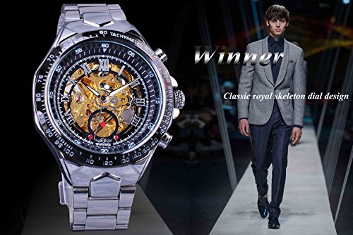 Winner Golden Movement Skeleton Stainless Steel Men Automatic Sport Wrist Watch - Thumbnail 2