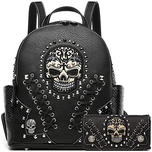 Cowgirl Trendy Sugar Skull Punk Art Rivet Stud Biker Purse Women Fashion Backpack Python Daypack Shoulder Bag Wallet Set (Black Set)