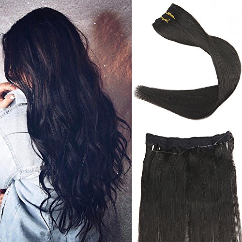 Full Shine 22inch 100% Brazilian Remy Hair Fish Line Human Hair Extensions Doubel Weft Fish Line Hair Mircale Wire Hair Extension Off Black 80g Hairpiece Hair Ppieces