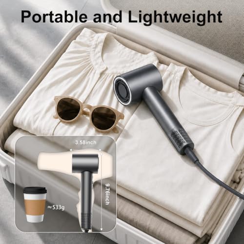 Professional Ionic Hair Dryer, 160,000 RPM High-Speed Brushless Motor, 5X Faster Drying, 500 Million Negative Ions for Anti-Frizz Hair, 9 Heat & Speed Settings, LED Display with Temperature Memory, Dual NTC Temperature Control, 56dB Low Noise, Magnetic Diffuser & Concentrator