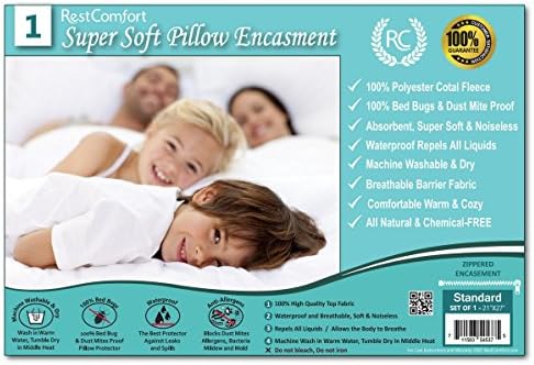 RestComfort Super Soft Coral Fleece Pillow Protector - Bed Bug & Dust Mite Bacteria, Allergy Proof/Waterproof Hypoallergenic Breathable & Cozy - Zippered Pillow Encasement, (1, Standard 21"x27")