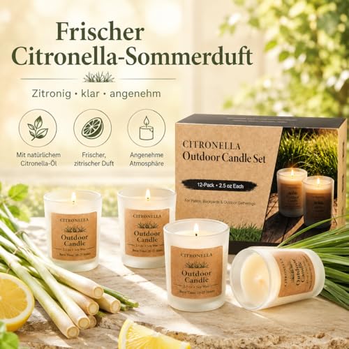Yinuo Mirror Citronella Scented Candles, 12 x 70 g Citronella Candle Outdoor, Natural Soy Wax and Oils, Summer Fragrance Citronella Candle for Outdoor Use / Garden / Camping / Picnic
