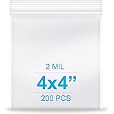 4''x 4'', (Pack of 200) 2 mil Thick Clear Plastic Reclosable Zip Poly Bags with Resealable Lock Seal Zipper, Clear Small Zip Bag, Jewelry, Candy Bags, Storage, Packaging & Shipping…