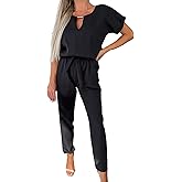 amropi Women's Deep V Neck Short Sleeve Jumpsuits Long Pant Romper with Pockets