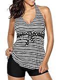 EVALESS Women's Striped V Neck Halter Top and Black Shorts Tankini Swimsuit Set