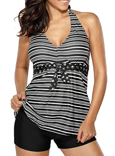 EVALESS Womens Open Back V Neck Stripe Print Black Tankini Top and Boyshort Bottom Small