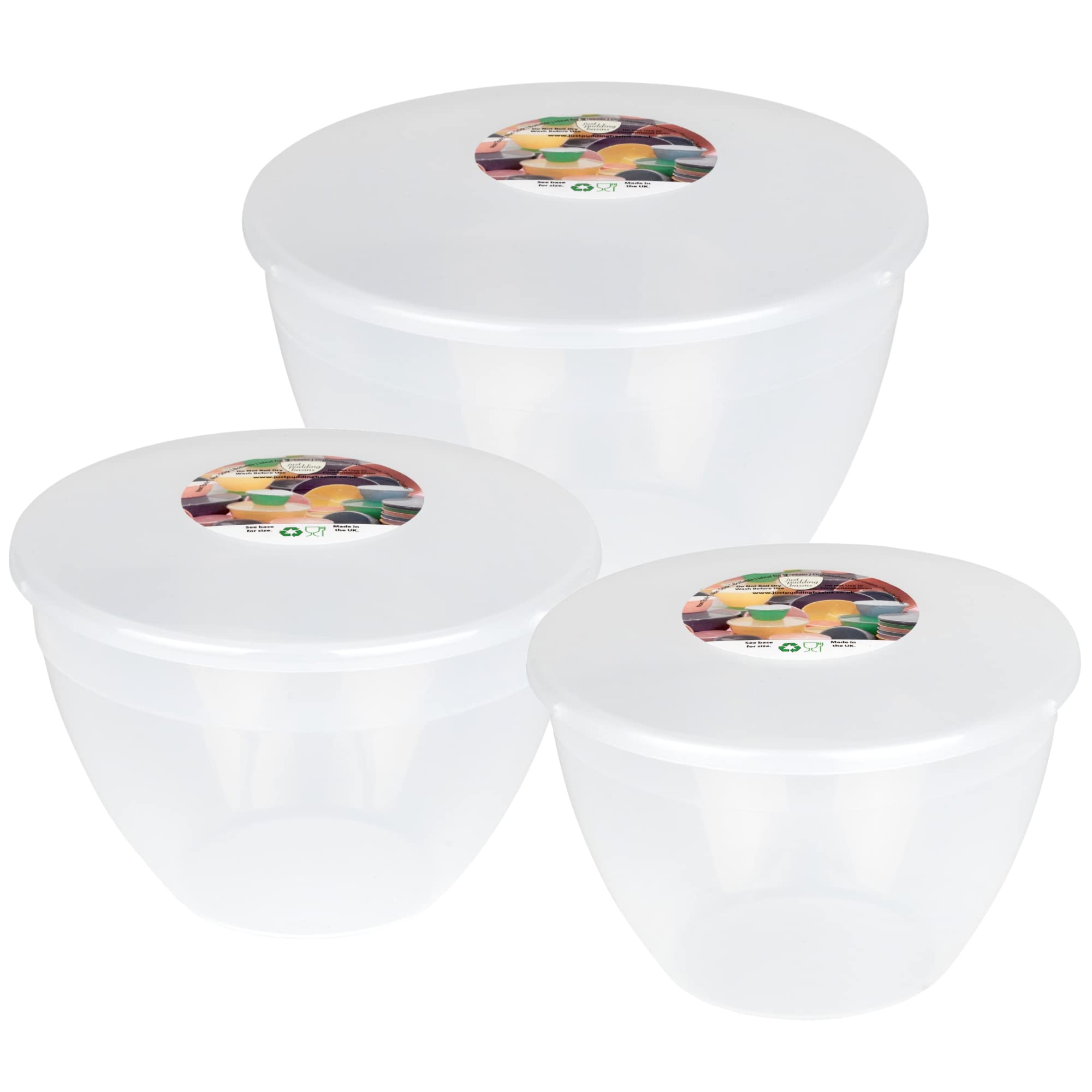Just Pudding Basins 3 Larger Clear Pudding Basin Bowl Sizes and Lids in 1 Set, 1x 1 5 Pint (850ml), 1x 2 Pint (1 14lt), 1x 3 Pint (1 71lt) Food Safe Plastic Steamer