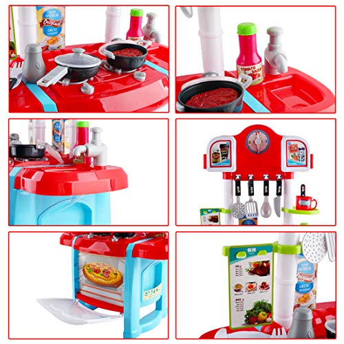 deAO Mein kleiner miniatur Koch- Spielset, Rollenspiel mit Licht und Ton, Wassereffekten und Zubehör (Rot) – Bild 2