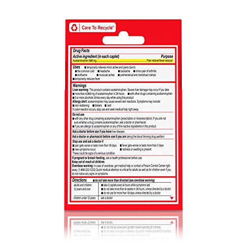 TYLENOL EXTRA STRENGTH 500 MG ACETAMINOPHEN CAPLETS, PAIN RELIEVER & FEVER REDUCER, ACETAMINOPHEN FOR MINOR ARTHRITIS PAIN, HEADACHE, BACKACHE & MENSTRUAL PAIN RELIEF, TRAVEL SIZE, 6 CT