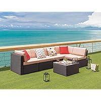 KaiMeng 6 Piece Lawn Garden Outdoor Patio Furniture Sets, Black Brown Ratten Wicker Sectional Sofa Sectional Conversation Set with Seat Cushions