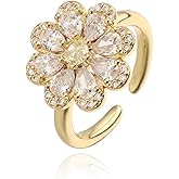 NewZenro Rhinestone Flower Adjustable Open Rings for Women Silver/Gold Plated Sparkling Crystal Floral Statement Finger Band Wrap Rings Comfort Fit Dainty Wedding Jewelry