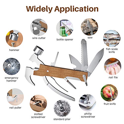 Multi-Purpose Hammer,KUSONKEY 12 in 1 Mini Portable Hammer with Nail Puller,Wire Cutter,Knives,Nail File,Plier,Screwdrivers,Saw,Bottle Opener,Wooden Gift for Him,Men,Father,Husband,Boyfriend