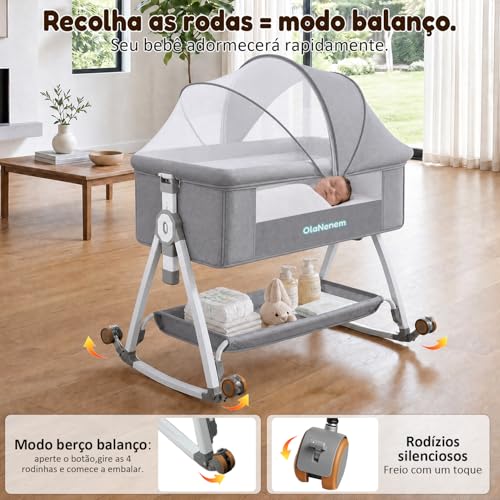 OLANENEM 6 em 1 Berço Portátil, Berço Moisés com Fraldário e Mosquiteiro, Berço Acoplado à Cama com Suporte Triangular de Aço Carbono, 6 Alturas e Inclinação Antirrefluxo 5°(Cinza)