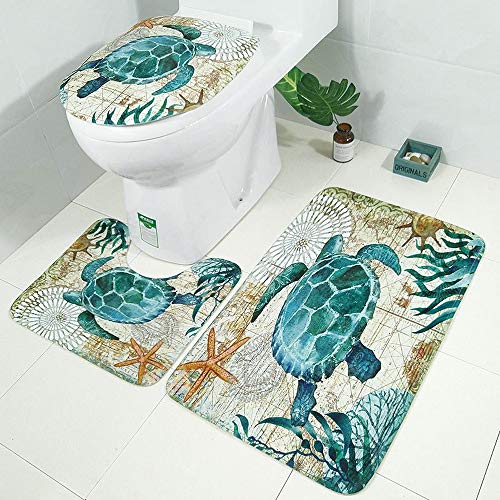 SUKEQ 3 Piece Bath Mats, Colorful Wood Grain Bathroom Carpet Rug Non Slip Bathroom Mat Set (Sea turtle)