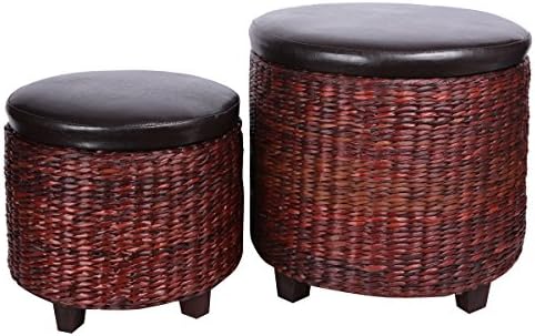 Eshow Handmade Storage Ottoman Bench 2-Piece Leather Cube Storage Stool Rattan Bulrush Upholstery Weave Frames Seating, Brown