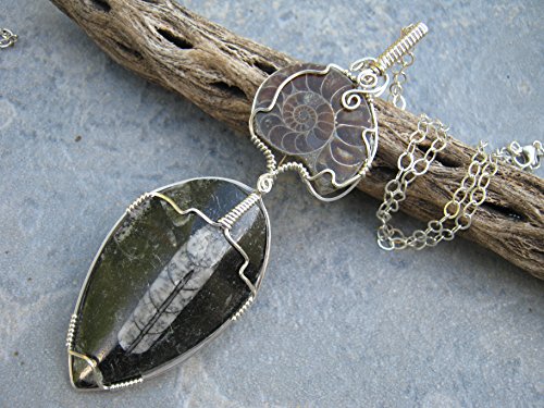 HUGE Ammonite and Orthoceras Fossil Pendant Necklace, .925 Sterling Silver Wire Wrapped Statement Necklace, 4 5/8" Fossilized Nautilus and Squid Pendant Handmade in the USA