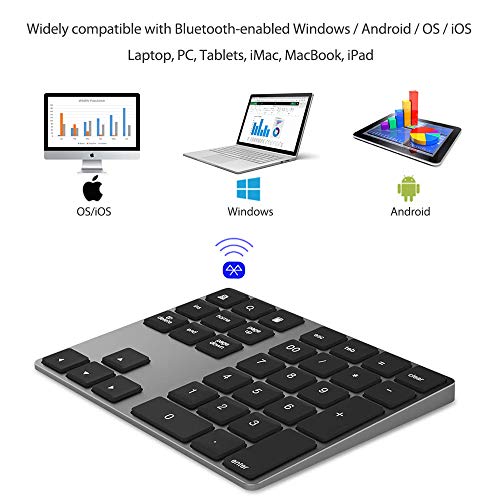 Rechargeable Bluetooth Wireless Numeric Keypad for Laptop, Portable Aluminum 34 Key Shortcuts Digital Entry Number pad Compatible with Apple iMac, MacBook Pro, iPad Pro, Surface (Space Grey)