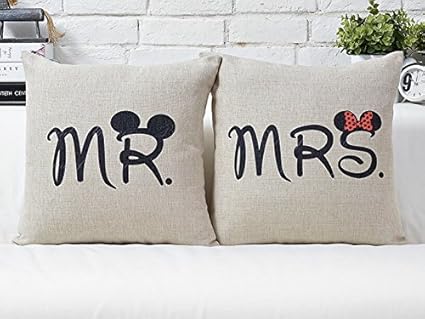 Miya® Mr & Mrs Micky und Minni liebevolle hochwertige Hochzeit Paar Kissenbezüge aus Baumwoll Sofakissen Kissenbezug Hochzeit