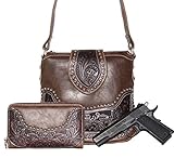 Concealed Carry Tooled Messenger Purse and Wallet - Concealment Weapon Gun Bag - Tooled Crossbody Bag with Matching Wallet by Montana West (Coffee)
