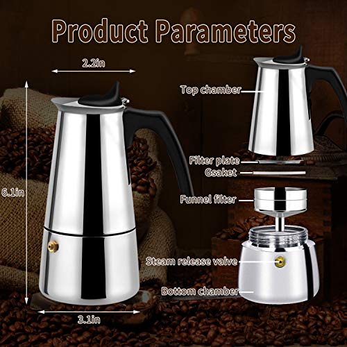 Stovetop Espresso Moka Pot Italian Coffee Maker, with Stainless Steel, 3 Coffee Scoops, 200ml/7oz/4 Cup (1 Cup=50ml)