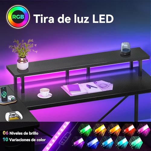 FURRIFIC Tipo de L Escritorio Gamer, Escritorio Minimalista con Cajón de Tela, Regleta, Regleta de luz y Soporte para Monitor
