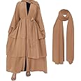 Muslim Chiffon Abaya for Women Open Front Cardigan Modest Dress with Hijab Scarf Middle East Arabian Robe Islamic Long Dress