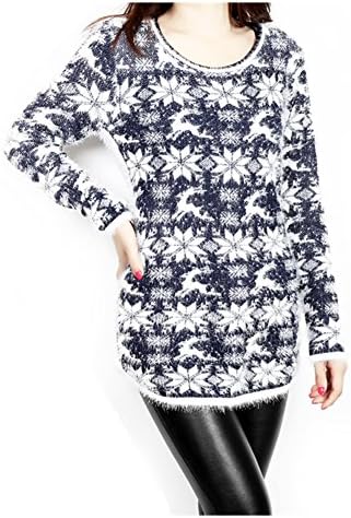 Women Knited Reindeer Snowflake Christmas Pullover Sweater Jumper (Dark Navy)