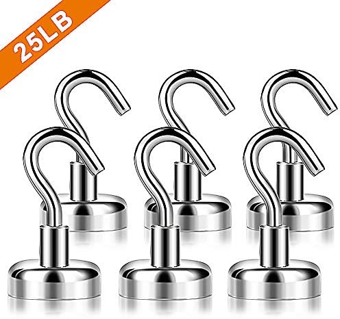 6PCS Magnetic Hooks, Premium 25LB Neodymium Heavy Duty Magnetic Hooks,Indoor/Outdoor Magnet Hanging Hook for Home, Kitchen, Workplace, Office and Garage