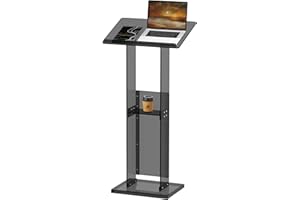 CLARITYCRAZE Acrylic Podium Stand with Storage Shelf, 45.5" Modern Black Lectern with Reading Platform for Classroom, Weddings, Conference, Concert, Professional Presentation Podiums