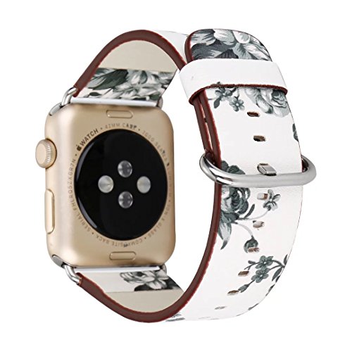 Apple Watch Band, Leather Strap iWatch Wristband Bracelet with Metal Adapter for 38mm Apple Watch Series 3/Series 2/Series 1 (38mm,White with Grey)