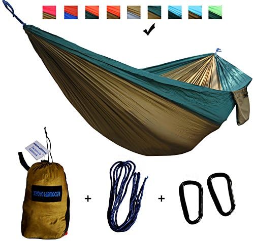 Xiyoyo Camping Hammock Parachute Nylon Single Hammock with Tree Straps&amp;Carabiners 441lb Capacity 108x 55 inch Garden Easy Hanging Gear For Backpacking Survival, Travel (Dark Green/Brown)